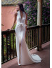 White Crepe Beaded Lace Slit Wedding Dress